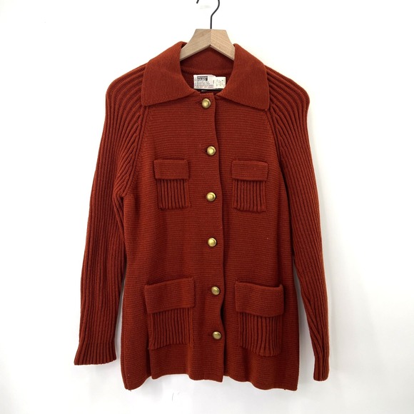 Vintage 70s Long Cardigan Sweater Jacket Sz M Burt Orange Mod MCM Luxury Quiet - Picture 2 of 11